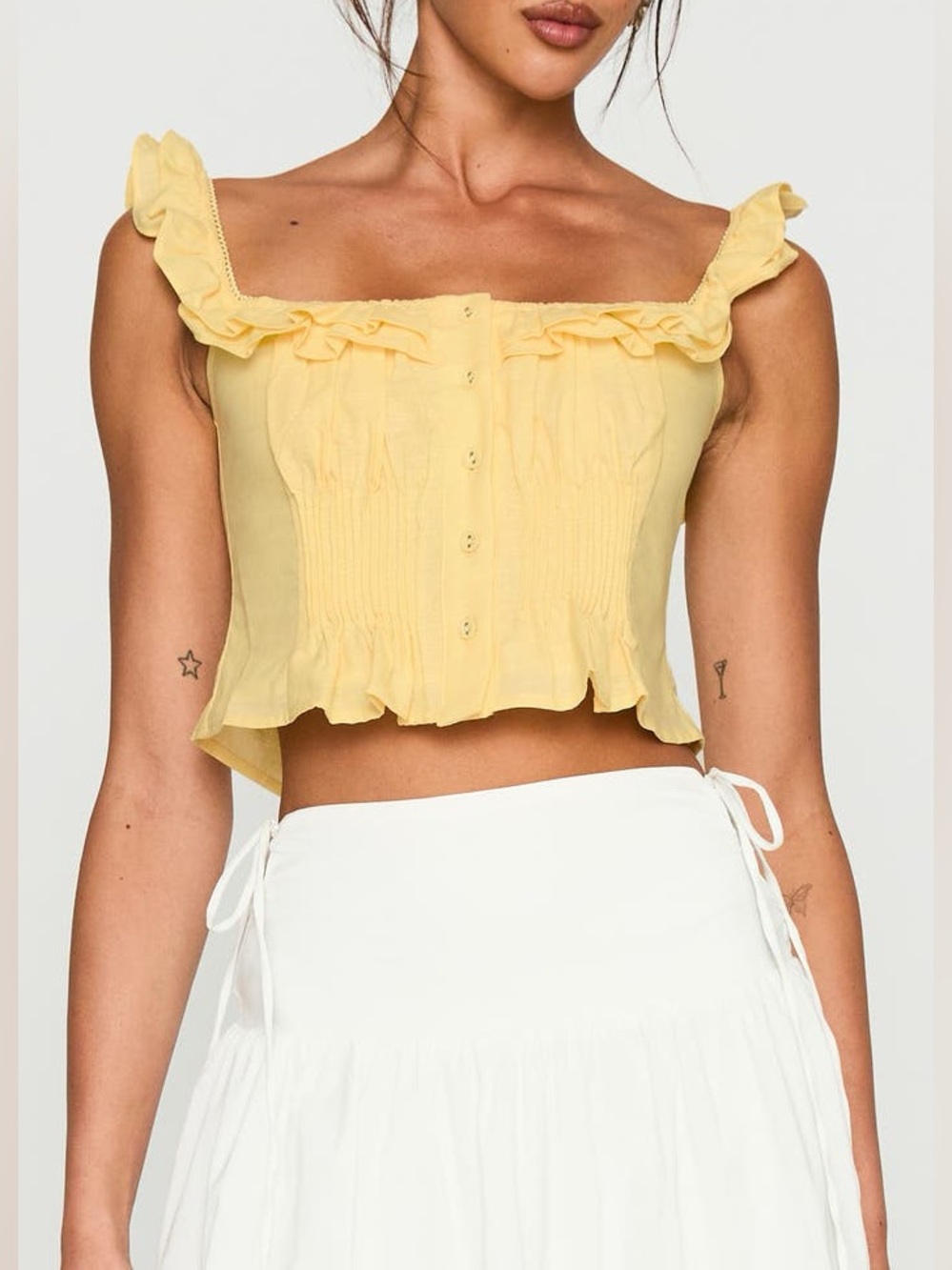 Princess Polly Butter Yellow Isadoria Ruffle Trim Cotton Linen Tank